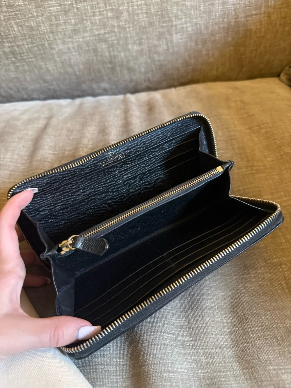Valentino Garavani Black Saffiano Leather Zip Wallet with Gold Logo